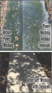 The difference that shows the effectivness of soft washing chemicals applied to moldy concrete after pressure washing