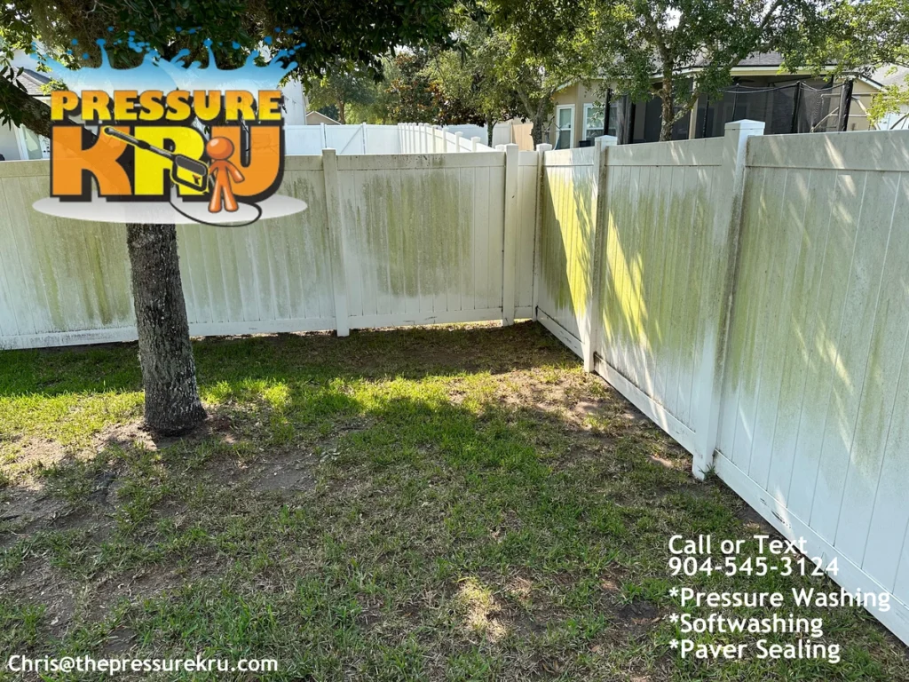 Image showing vinyl fence covered in Green algae before pressure washing