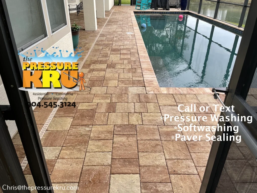 Pool Deck Cleaning pavers after pressure washing