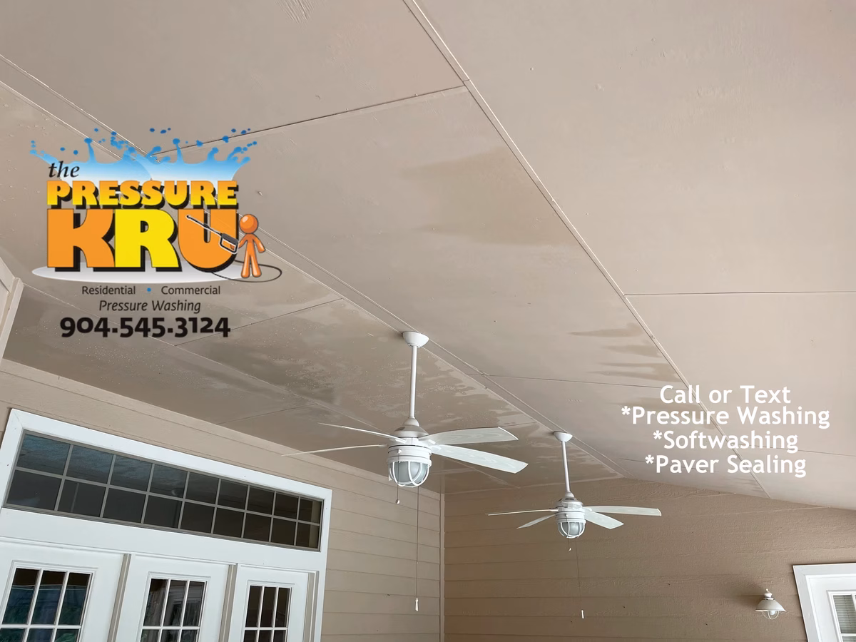 Professional house washing service removing algae from siding and vinyl soffits in Durbin Crossing neighborhood.
