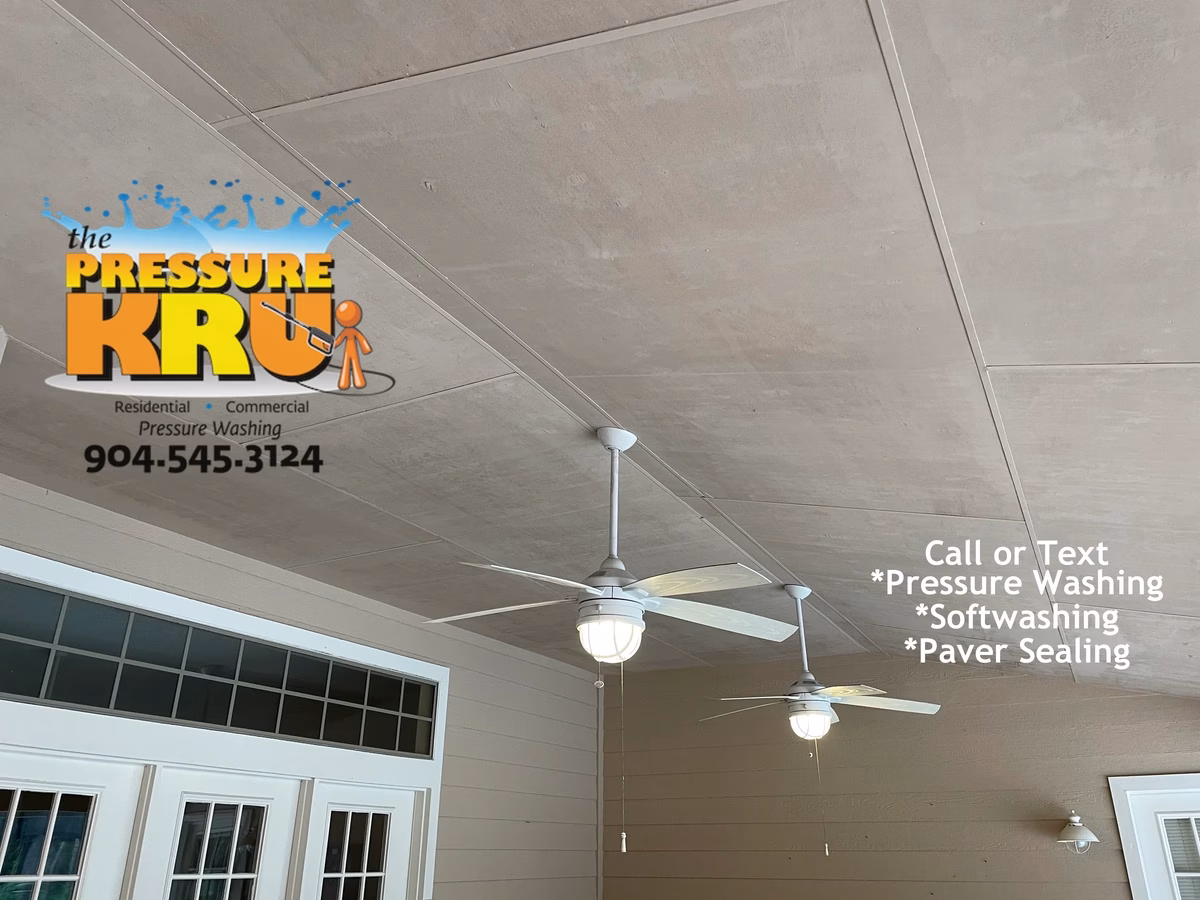 Professional house washing service removing algae from siding and vinyl soffits in Durbin Crossing neighborhood.