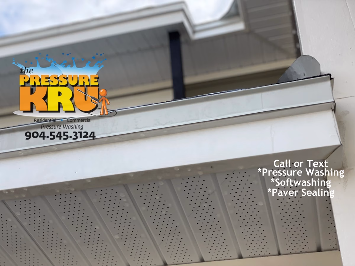 Professional house washing service removing algae from siding and vinyl soffits in Shearwater neighborhood.