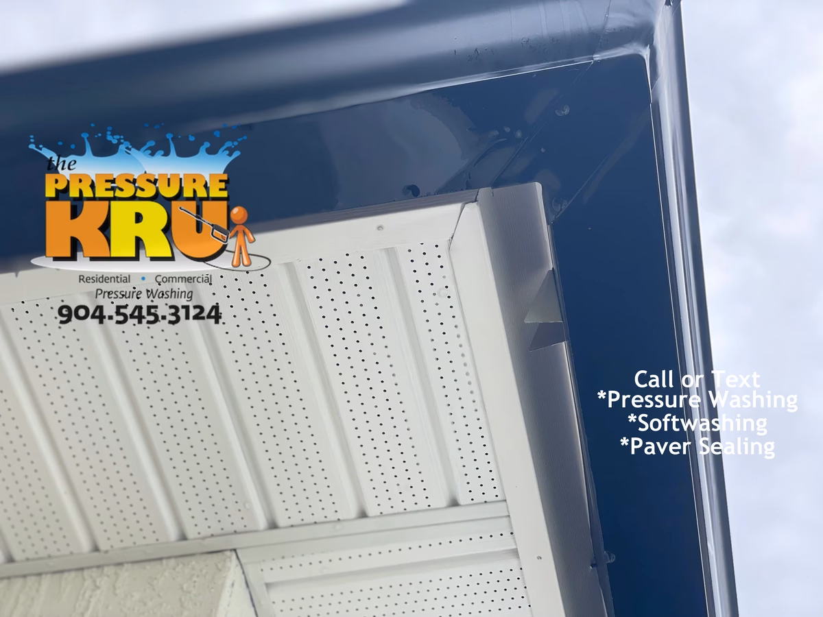 Professional house washing service removing algae from siding and vinyl soffits in Arbor Glade neighborhood Jacksonville, FL.