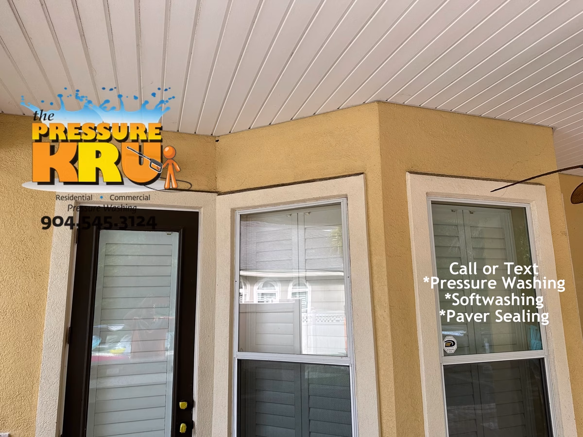 Mold and algae removal from a stucco home in Oakridge landing before cleaning.