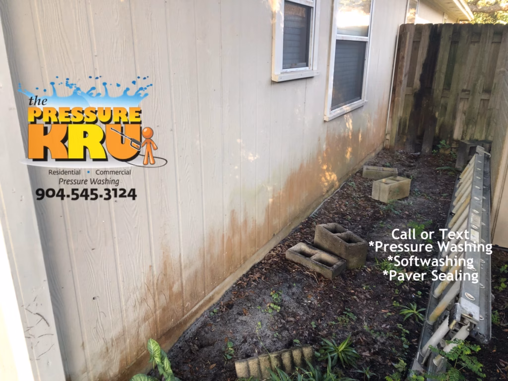 Professional house washing service removing algae from siding and vinyl soffits in Teal Run neighborhood Jacksonville, FL.