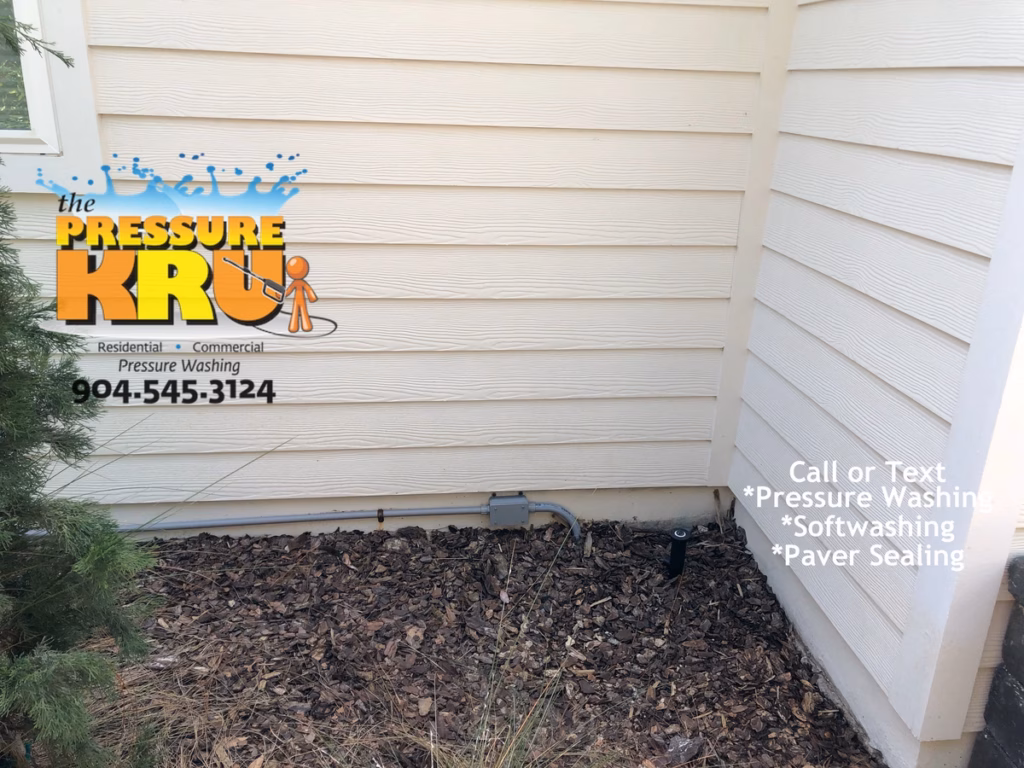 Professional house washing service removing algae from siding and vinyl soffits in Julington Lakes neighborhood.