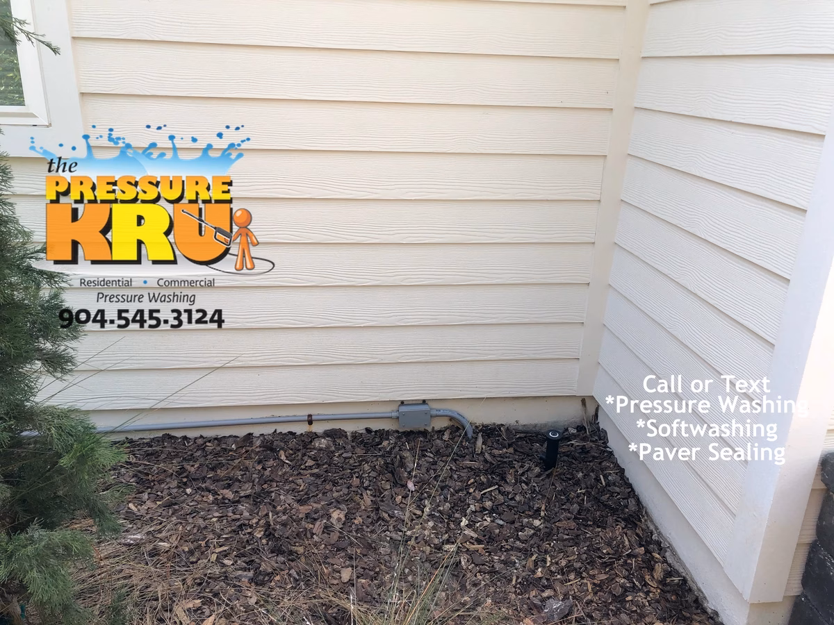 Professional house washing service removing algae from siding and vinyl soffits in Julington Lakes neighborhood.