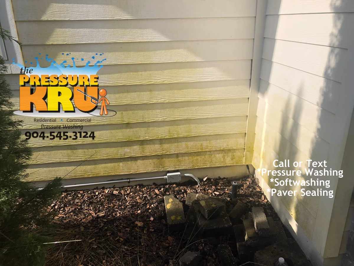 Professional house washing service removing algae from siding and vinyl soffits in Julington Lakes neighborhood.