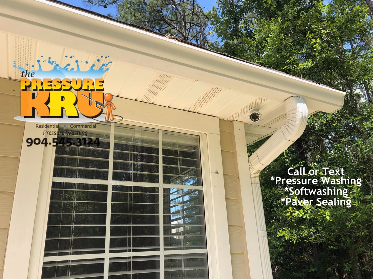 Professional house washing removes algae from siding and vinyl soffits in Cimarrone Golf Club neighborhood.