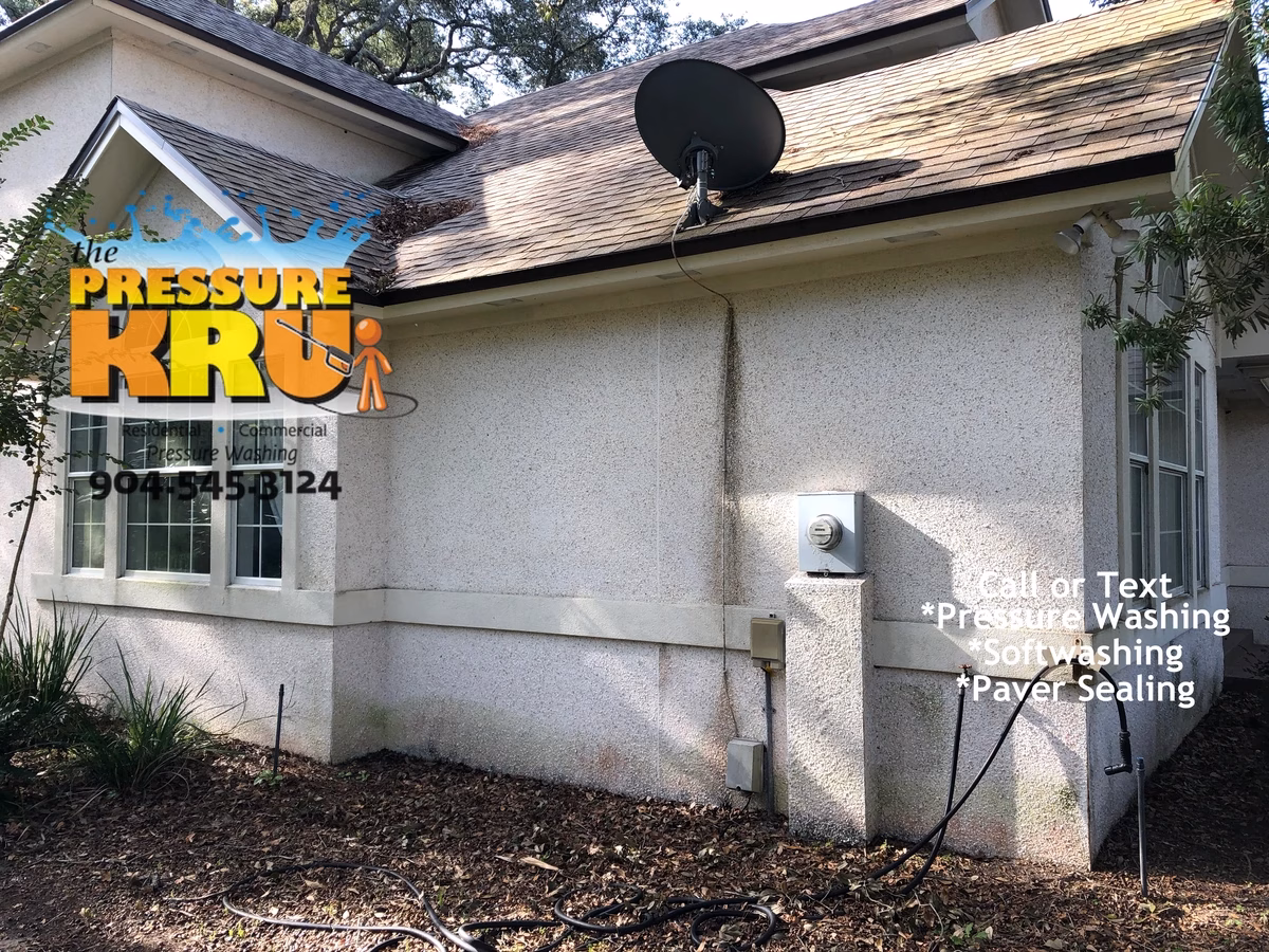 Detailed low-pressure soft washing coquina home in Julington Creek Plantation estates. Before picture.