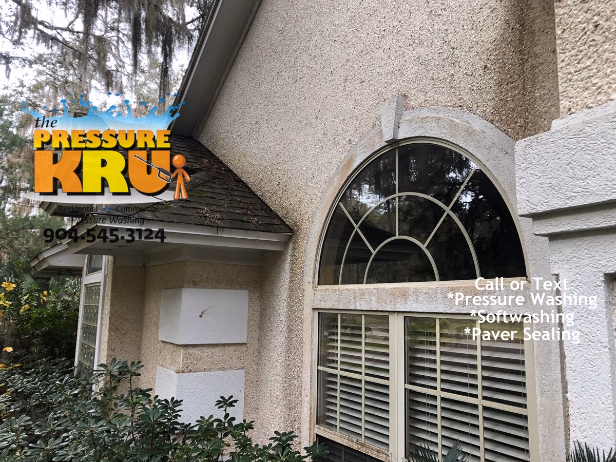 Exterior coquina house washing in Greenbriar before removing organic growth safely