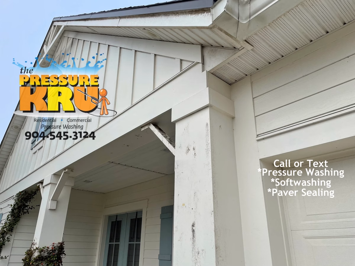 Exterior cleaning service safely removing mold from siding and soffits in The Preserve at St. Johns neighborhood.