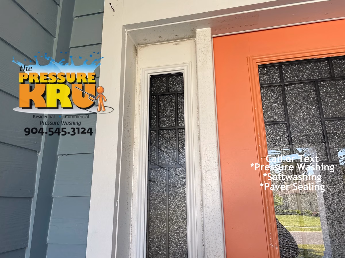 House washing service safely removing mold from siding and soffits in The Preserve at St. Johns neighborhood.