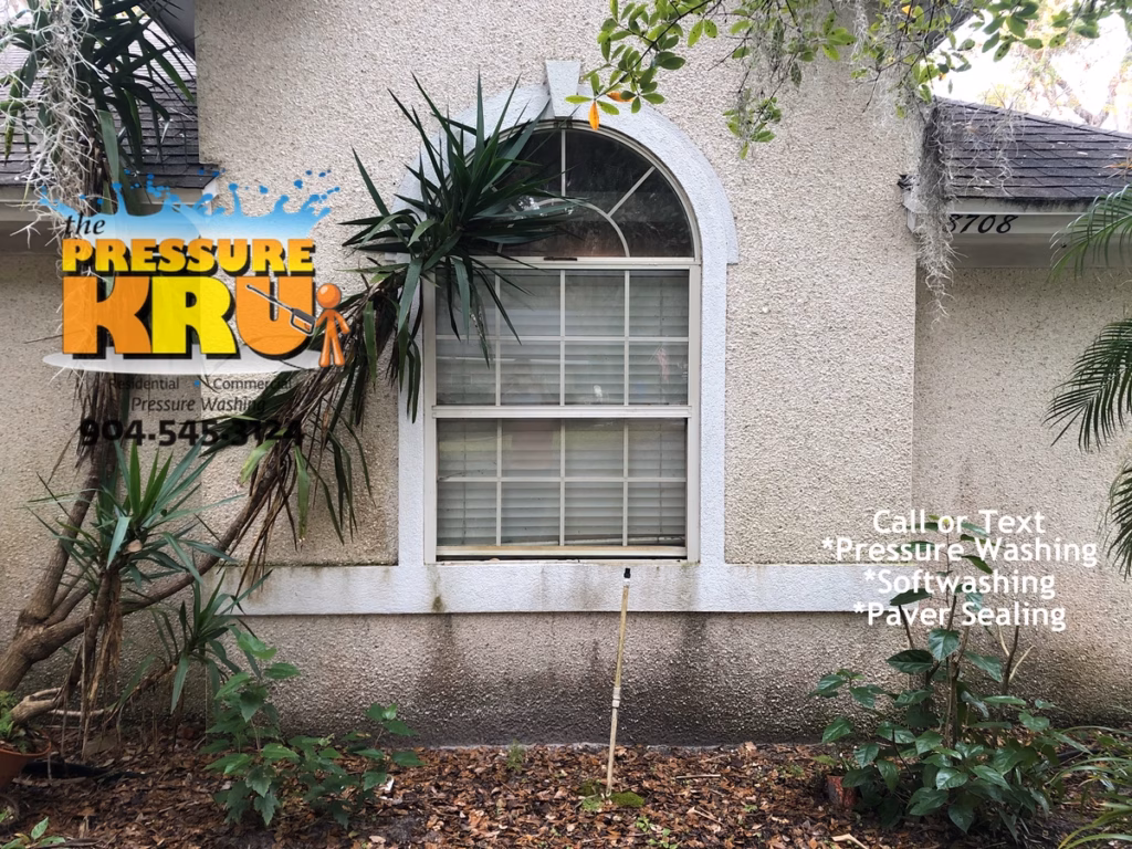Professional coquina cleaning in Julington Creek Plantation protecting delicate exterior stone before removing years of algae and mold.