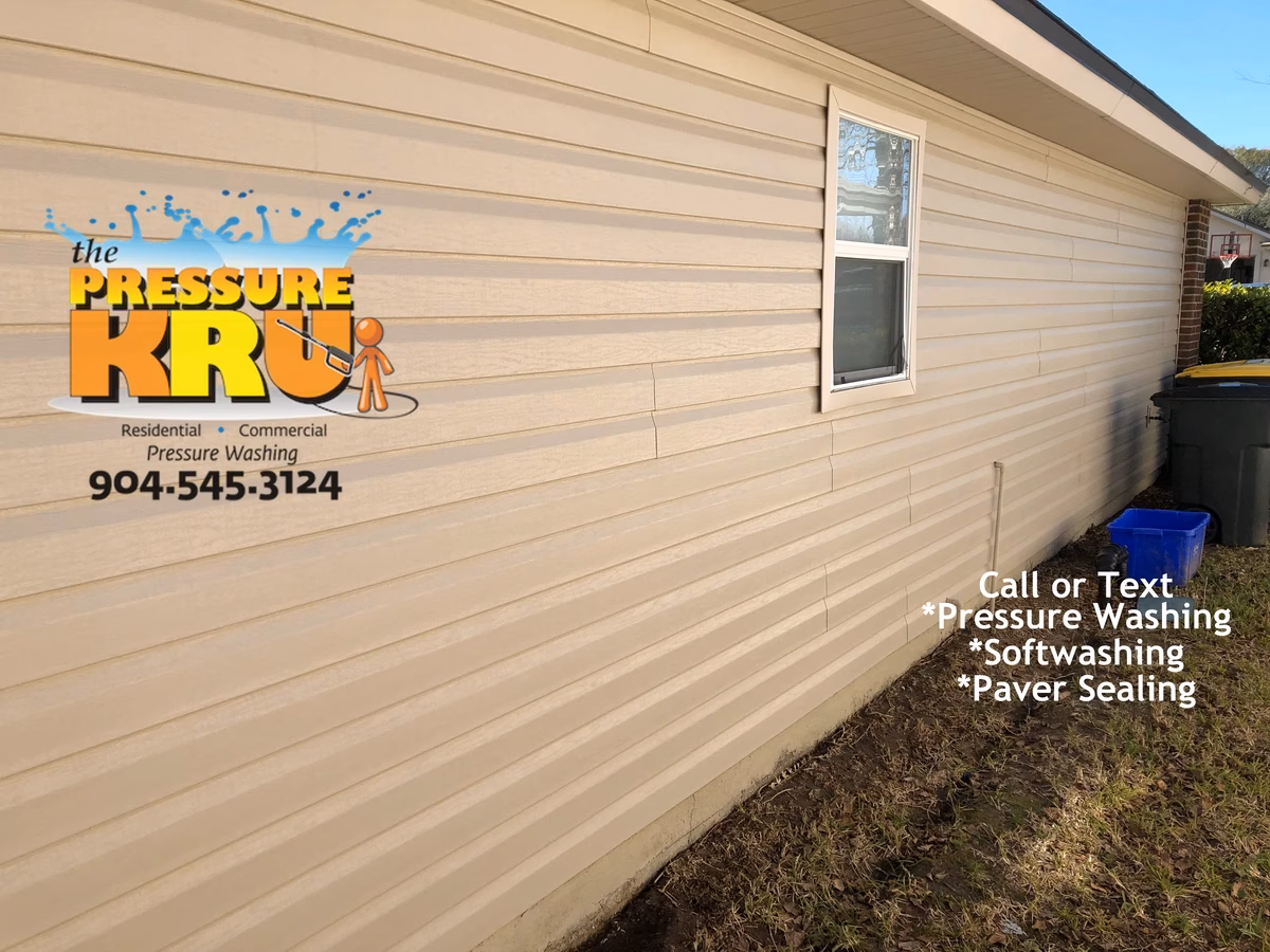 Soft Washing vinyl siding after removing green mold and algae in Bartram area.
