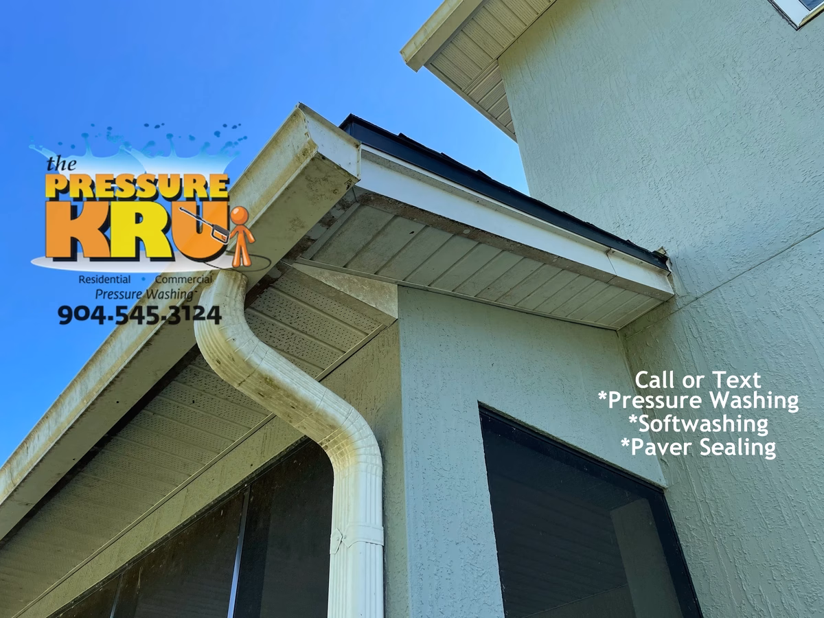 Soft washing service cleaning dirty stucco home in Durbin before cleaning.