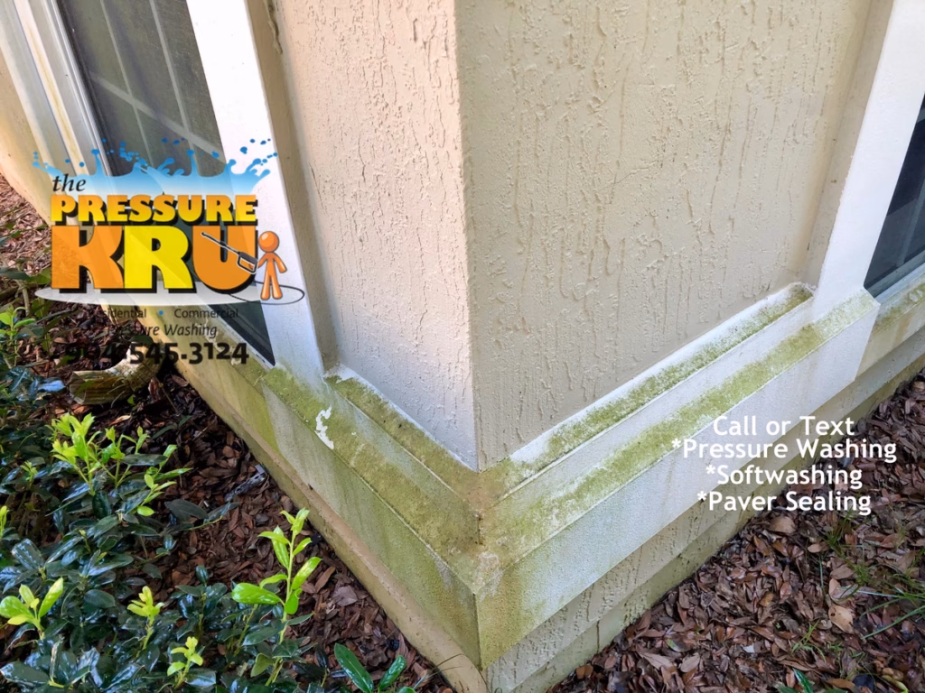 Before Exterior Stucco cleaning service for a home in South Hampton neighborhood.