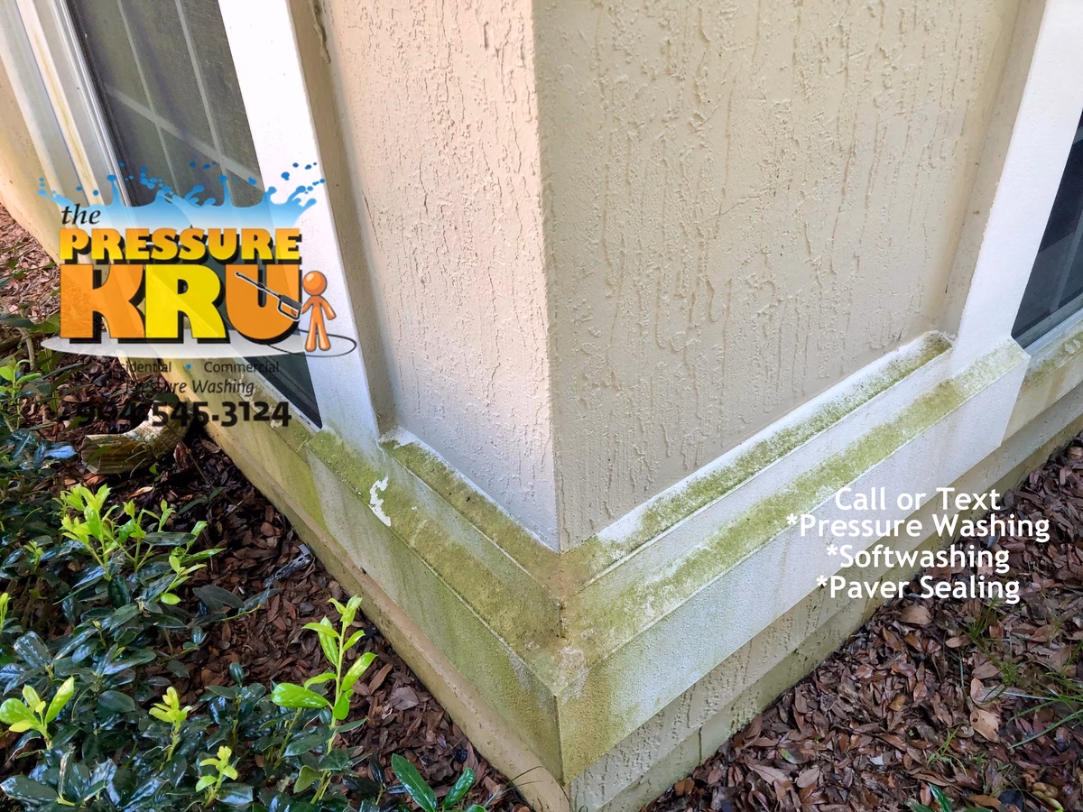 Before Exterior Stucco cleaning service for a home in South Hampton neighborhood.
