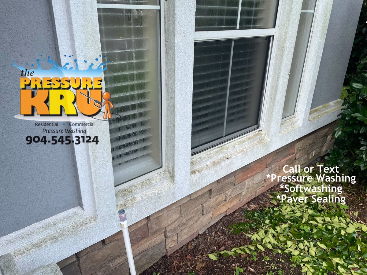 before Mold and algae removal from a stucco home's exterior in Jacksonville FL