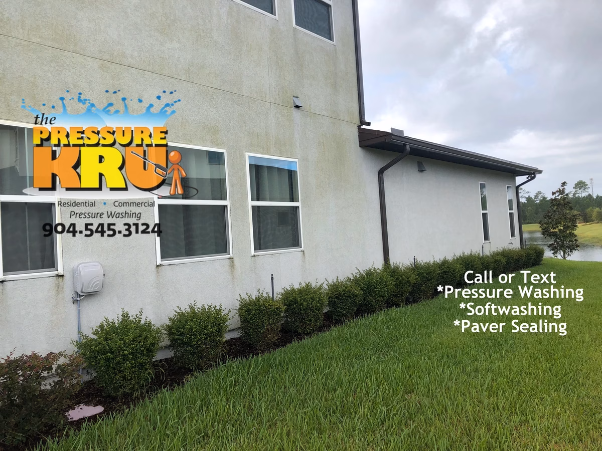 Before Soft washing two-story stucco home in Celestina neighborhood.