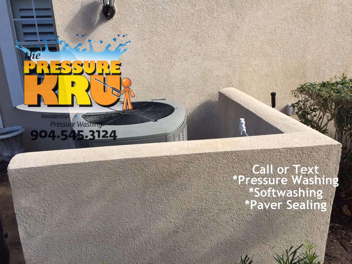 Stucco house washing service after removing algae from a home in Bartram Springs.