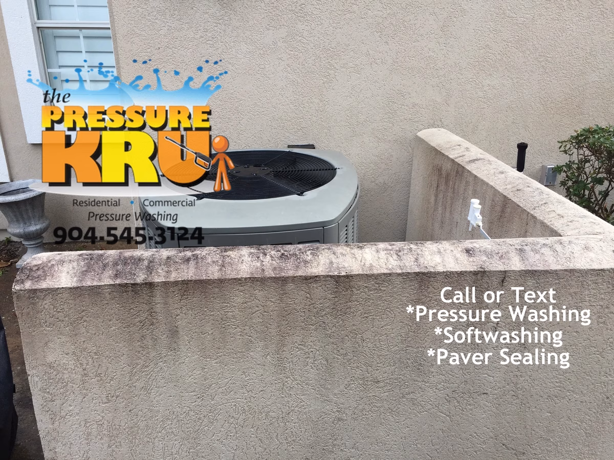 Stucco house washing service before removing algae from a home in Bartram Springs.