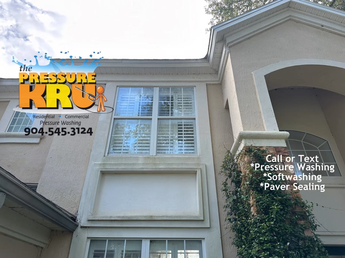 Stucco home exterior before being restored with safe house washing in Marsh Harbor.