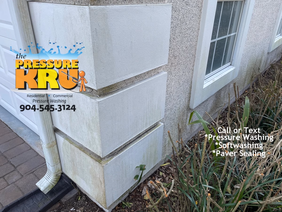Coquina home exterior cleaning in Orange Park Country club before removing black streaks and mildew.