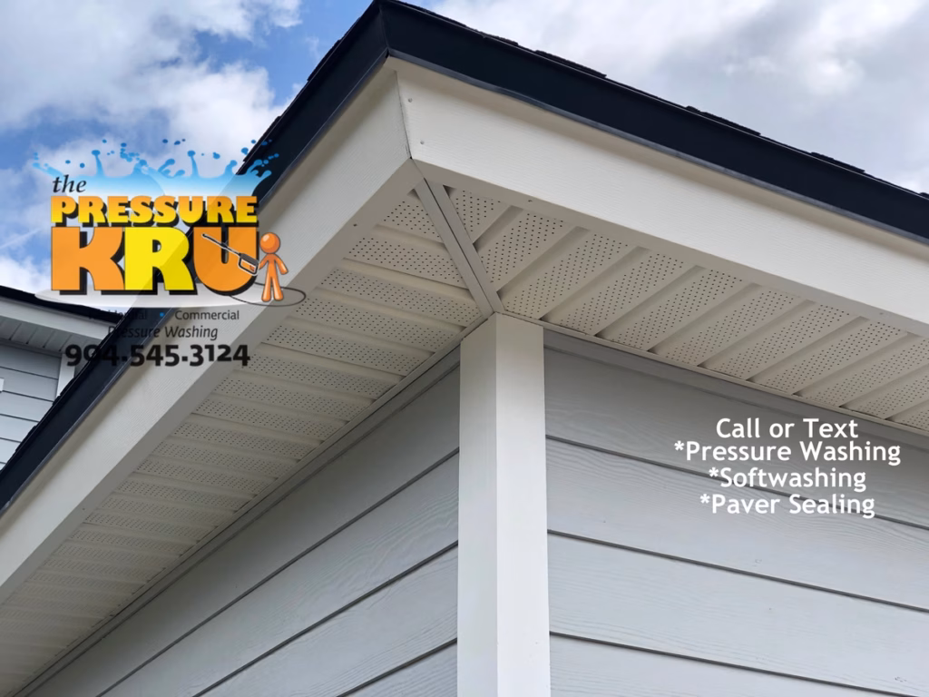 Vinyl Soffit and Cement Board siding exterior cleaning in Durbin Neighborhood.