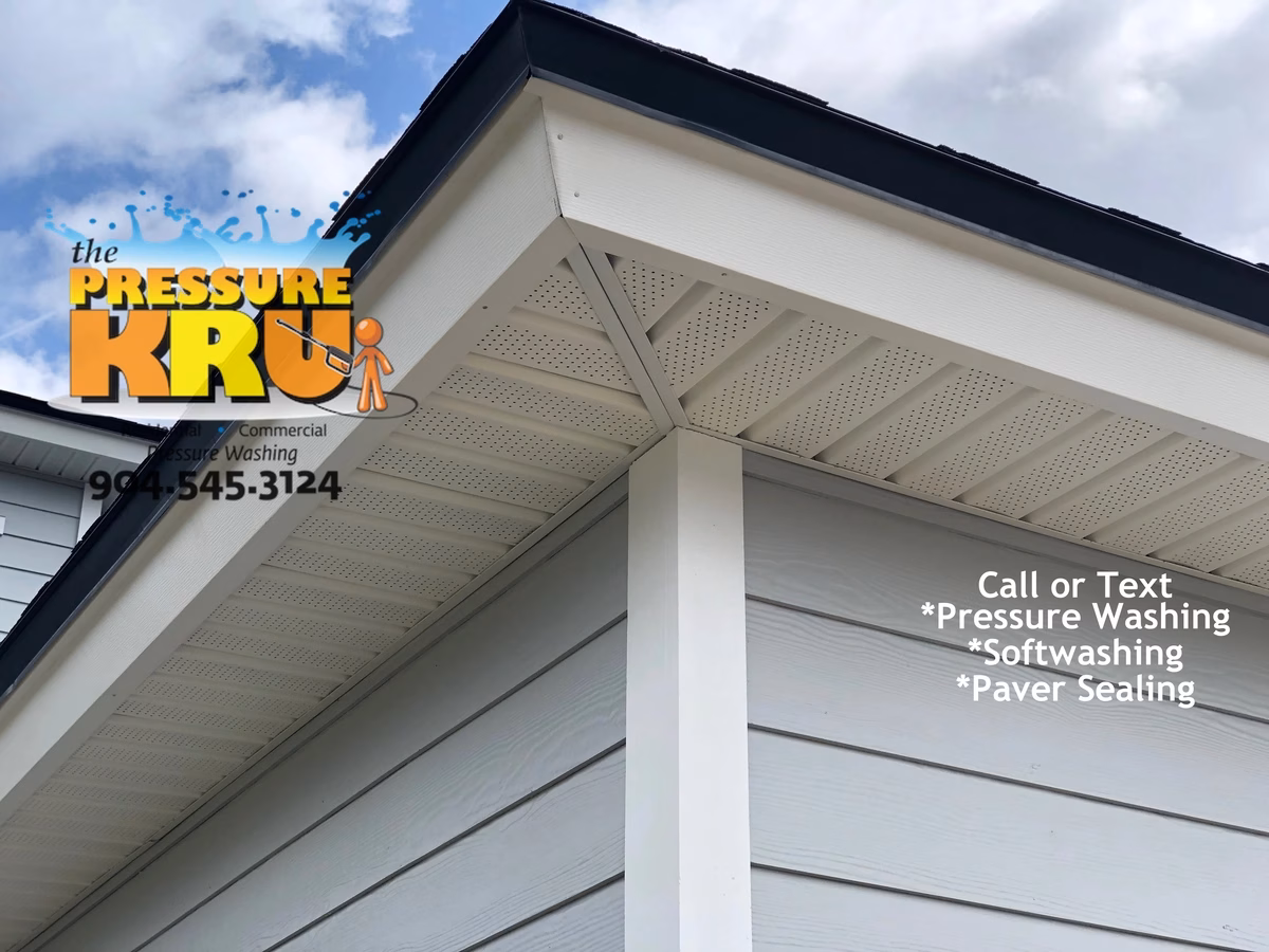 Vinyl Soffit and Cement Board siding exterior cleaning in Durbin Neighborhood.