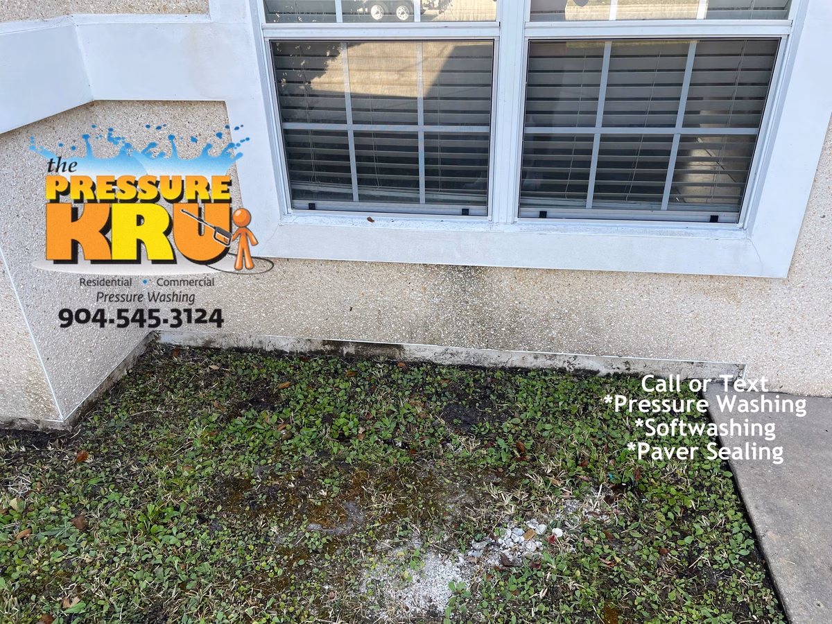 Coquina exterior cleaning in Deerwood country club removing algae and mold before cleaning.
