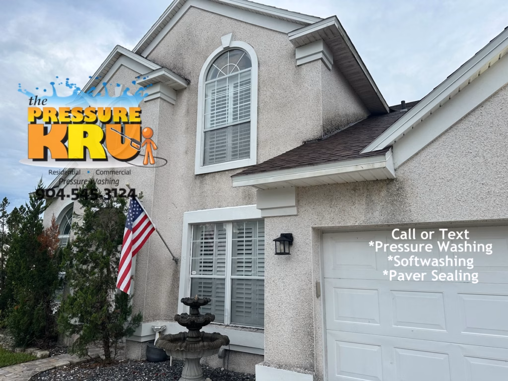 Soft wash coquina exterior for a home in South Hampton before using safe low-pressure
