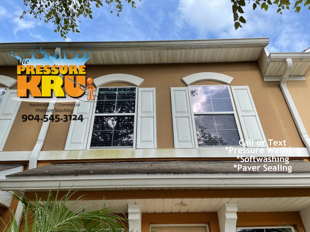 Professional residential soft washing for a stucco town home development in Nocatee FL before.