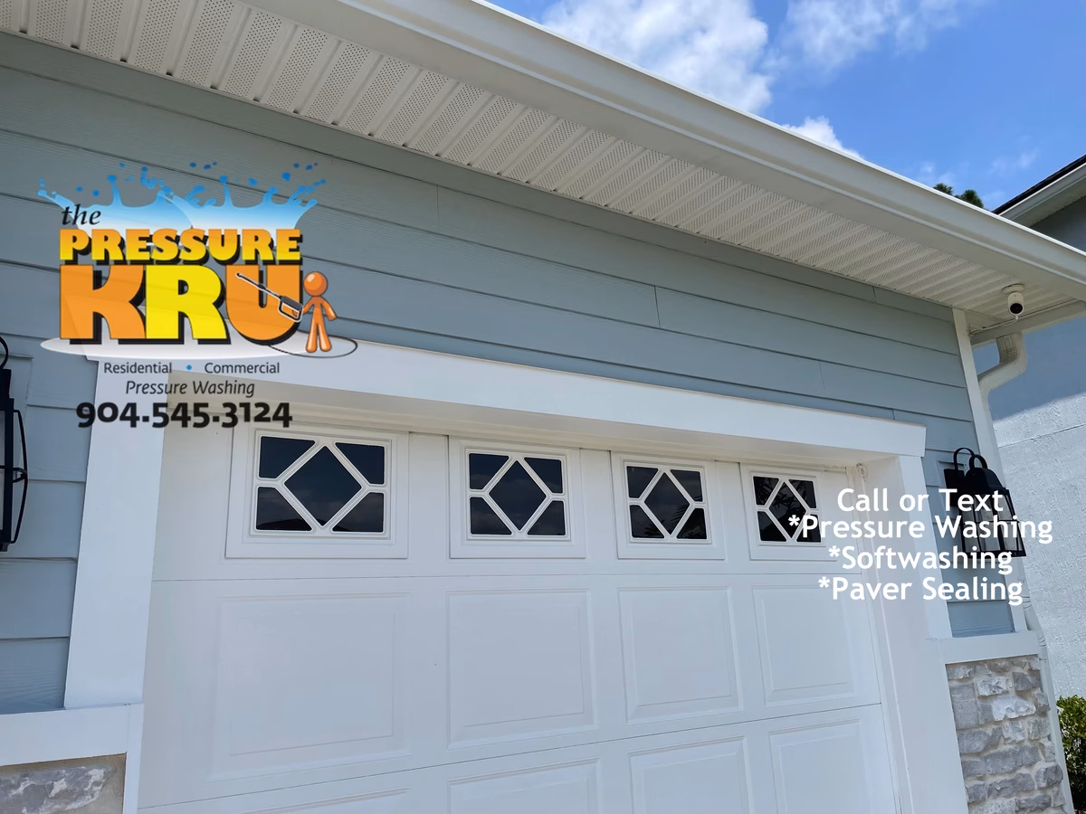 Exterior house washing with years of grime safely removed from siding in Julington Creek neighborhood.