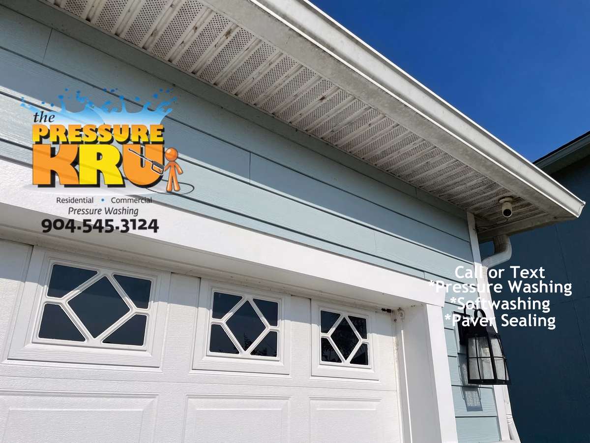 Exterior house washing with years of grime safely removed from siding in Julington Creek neighborhood.