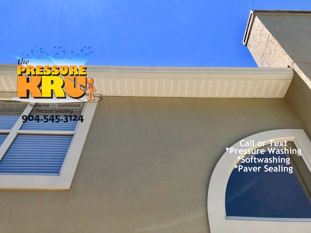 Before Exterior soft wash service for a stucco home in South Hampton neighborhood.