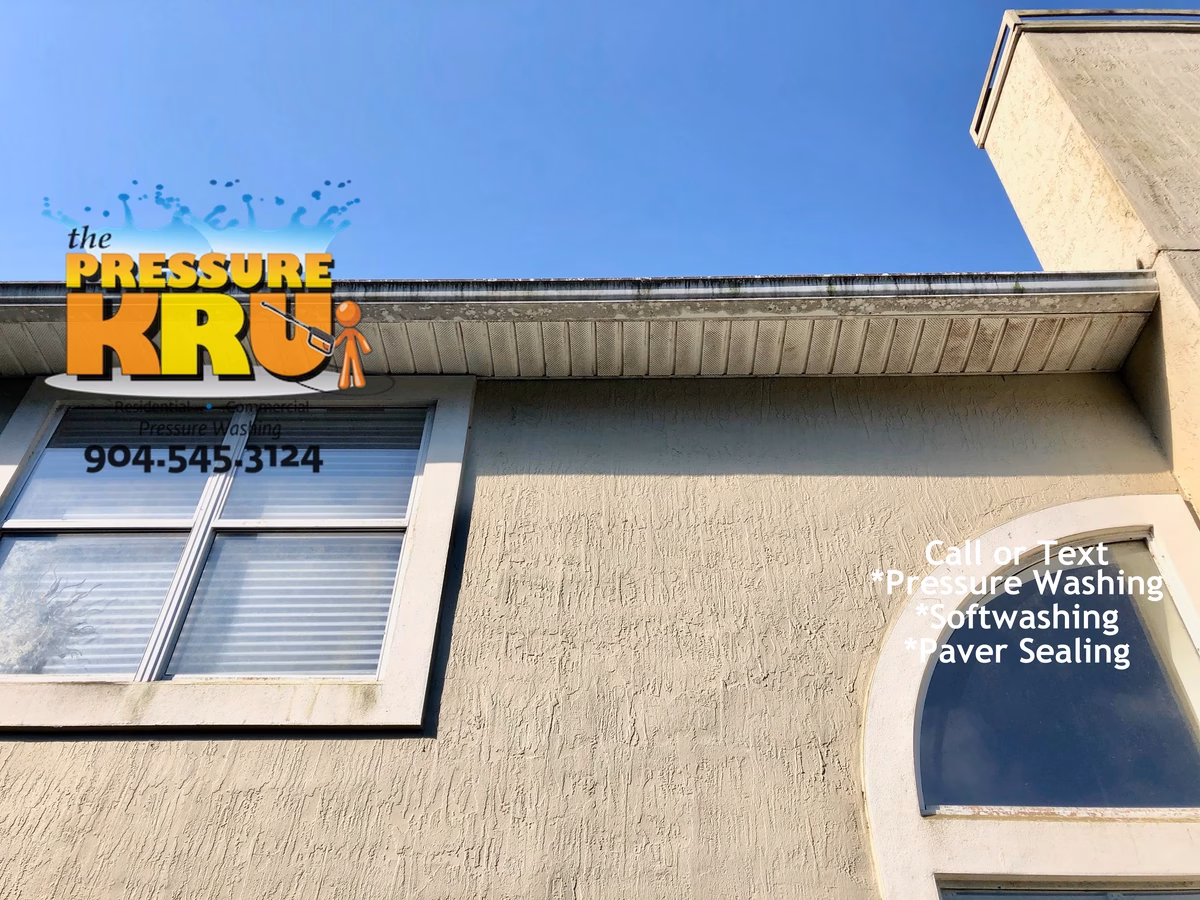 Before Exterior soft wash service for a stucco home in South Hampton neighborhood.