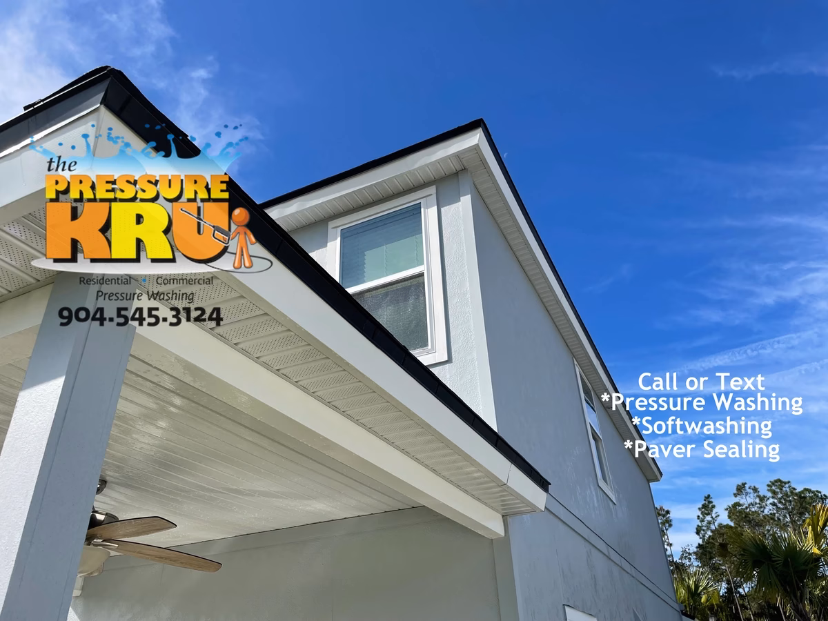 Exterior home cleaning of cement board home in Julington Creek neighborhood with years of mold growth safely removed.
