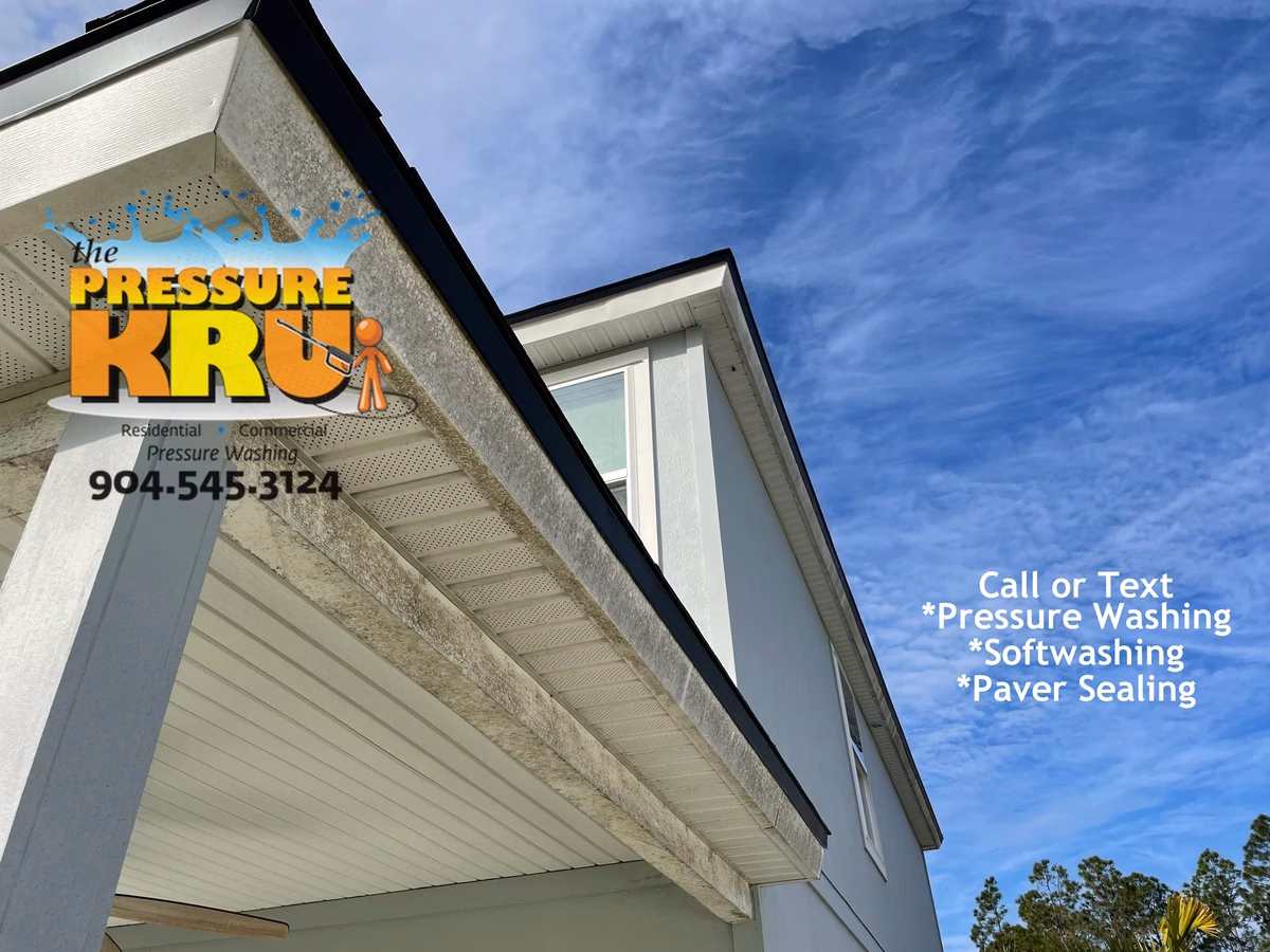 Exterior home cleaning of cement board home in Julington Creek neighborhood with years of mold growth.