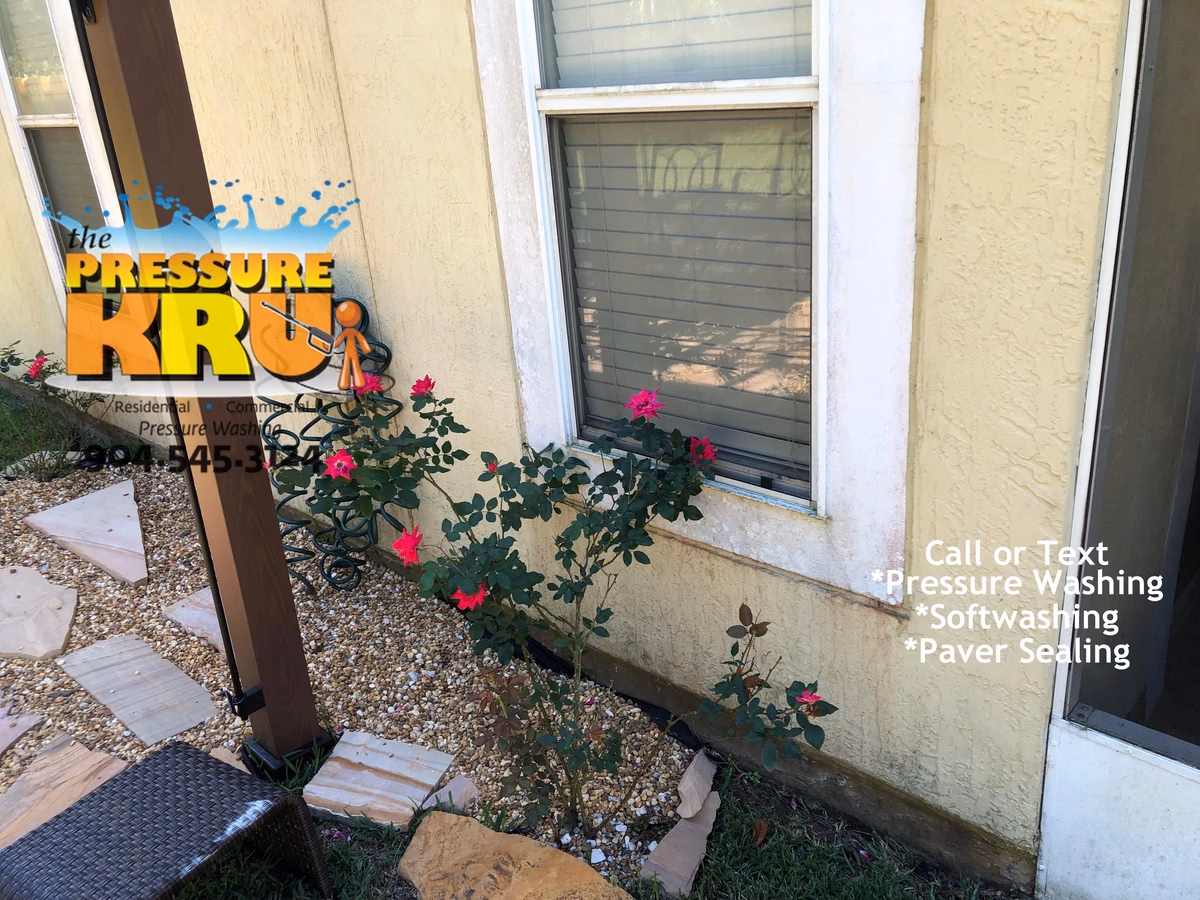 Soft Washing Service before cleaning dirty Stucco in Greenland Chase neighborhood.
