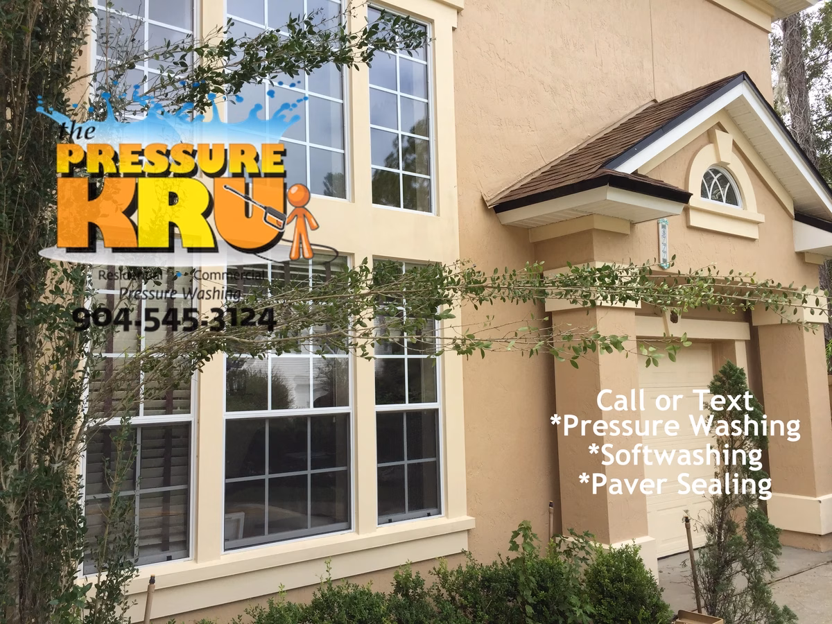 After stucco house washing service removing algae and mold in World Gof Village.