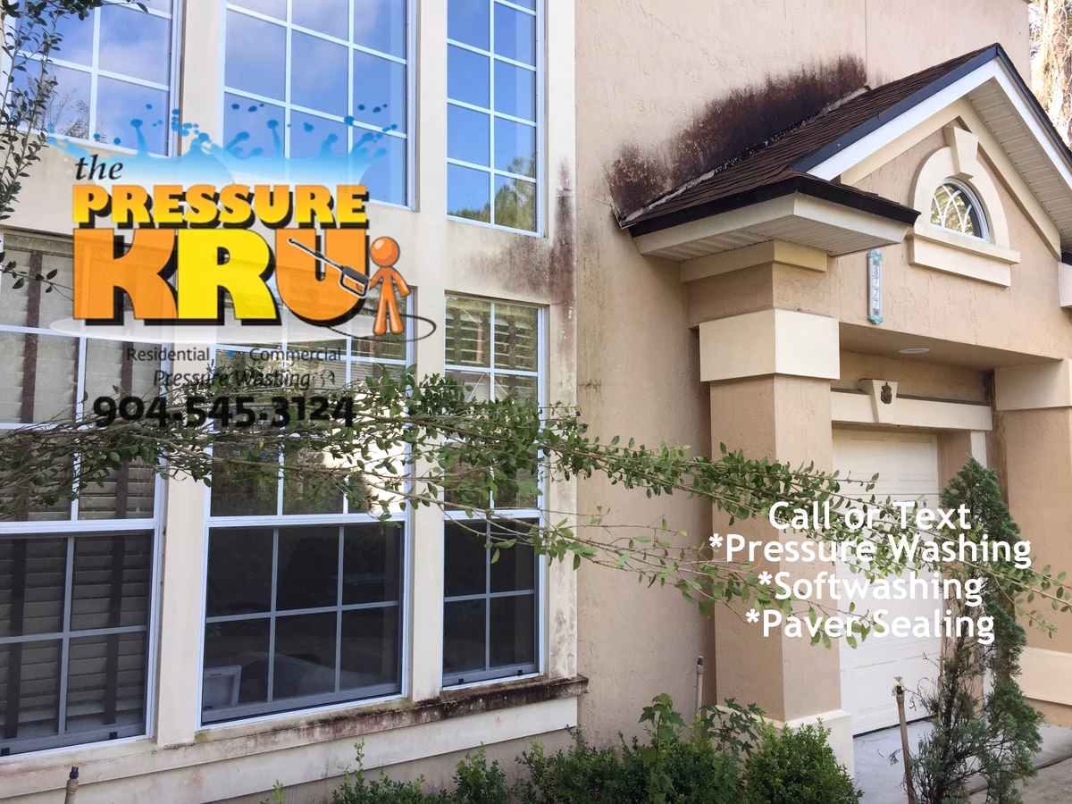 Before stucco house washing service removing algae and mold in World Gof Village.