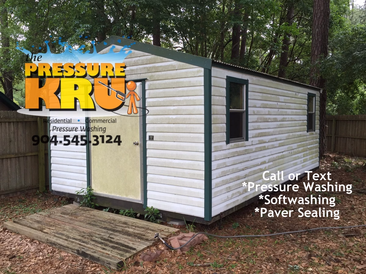 Before Vinyl siding cleaning customers shed in Durbin Crossing.