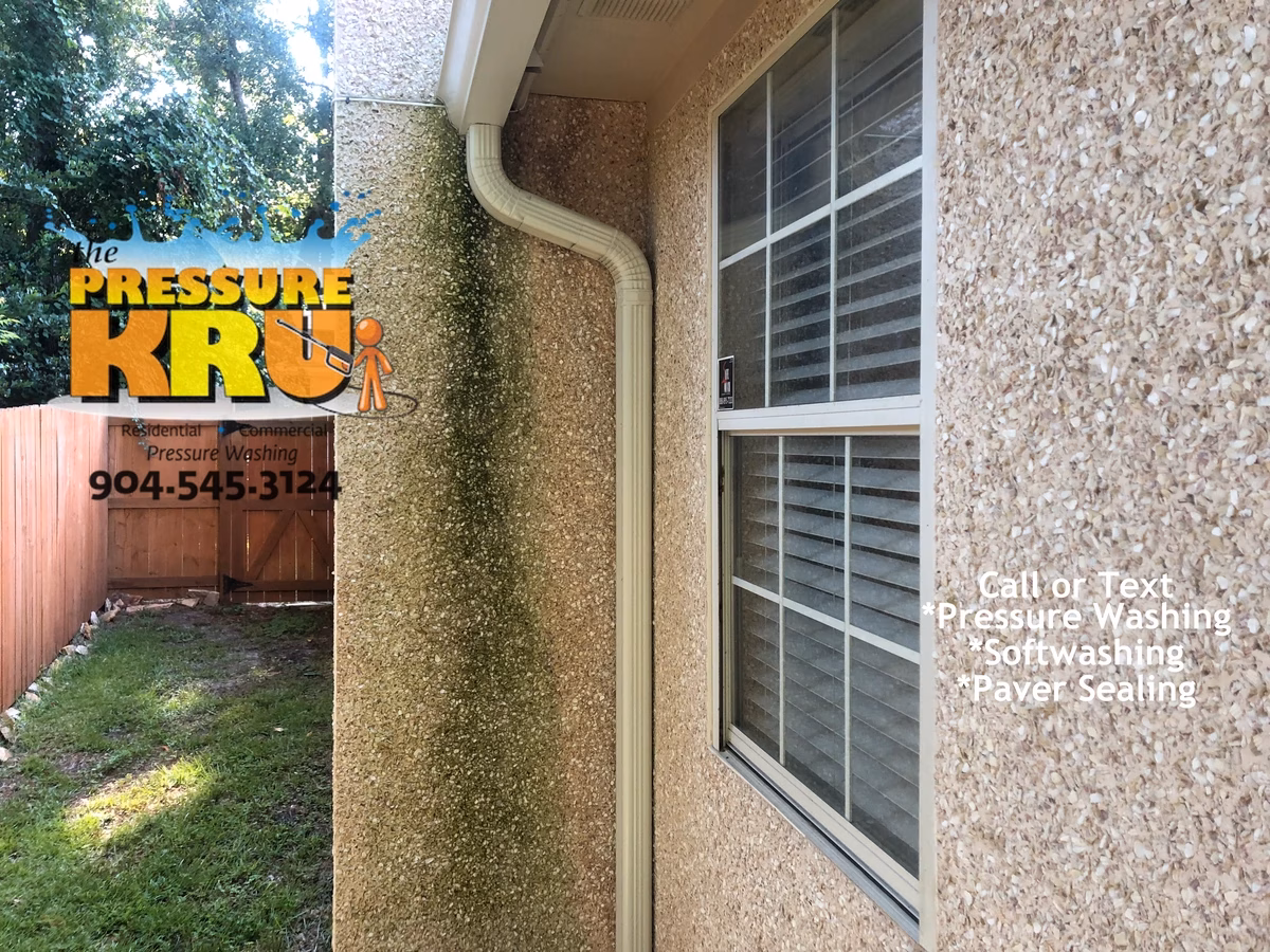 Professional coquina house washing in Jacksonville Golf & Country Club before softwash.
