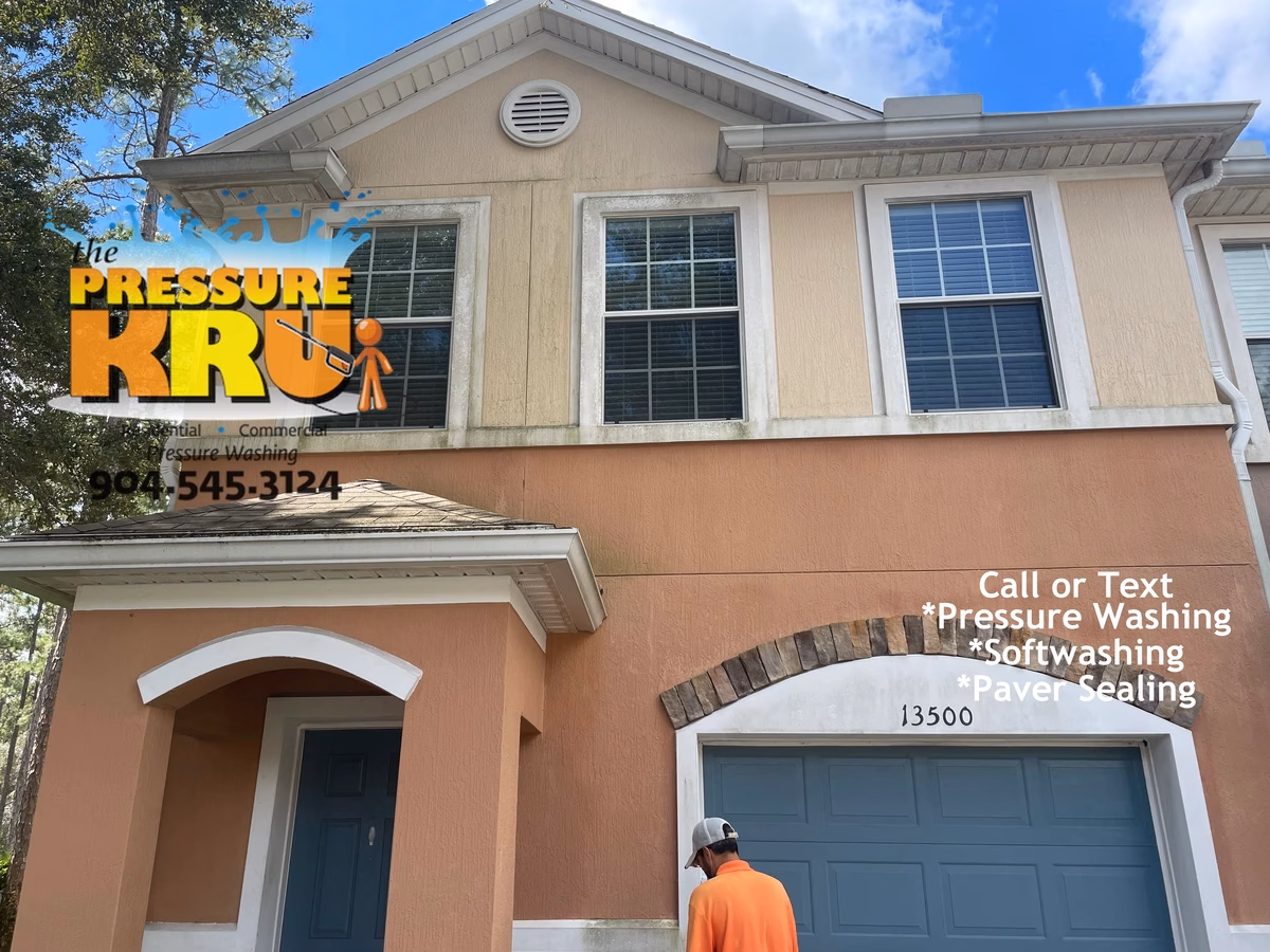 Clean Stucco exterior before professional house washing in Bartram Park.