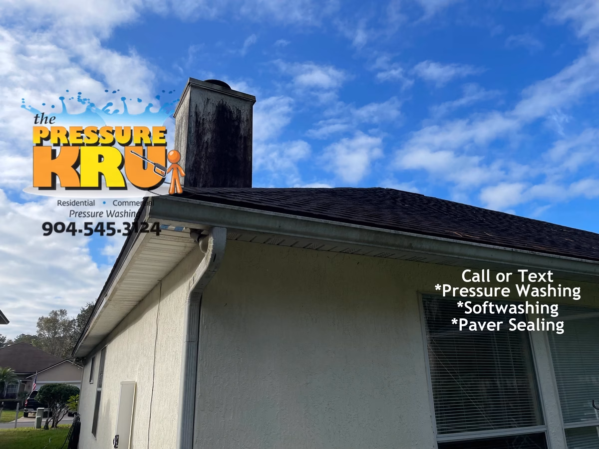 Mold and algae removal from a Stucco homes exterior chimney in Bartram Springs neighborhood before.