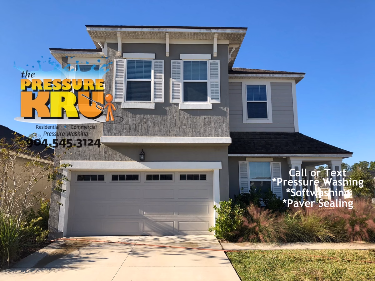 Before Stucco house washing results in Bartram.