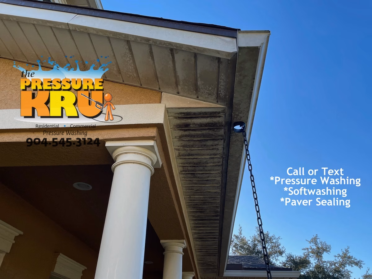 Removing Black Streaks from Stucco home before soft washing Nocatee area.