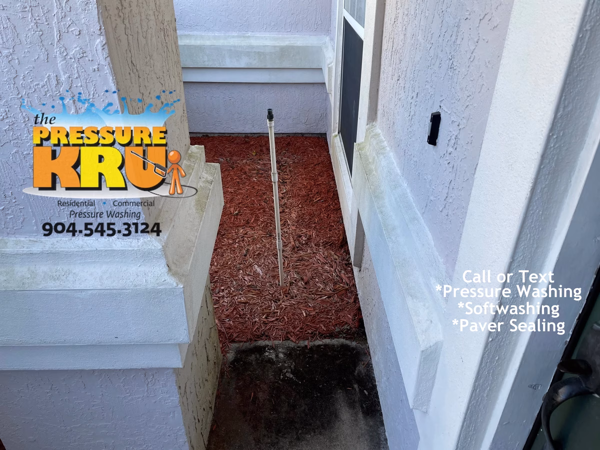 Soft washing stucco home to remove mold and mildew in Julington Creek neighborhood.
