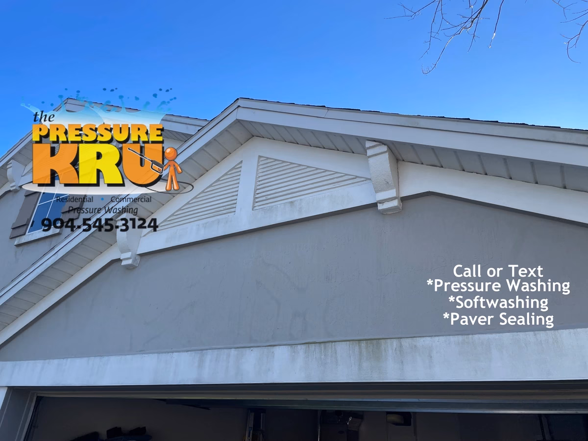Stucco house washing service removing algae from a home in Bartram Springs neighborhood before.